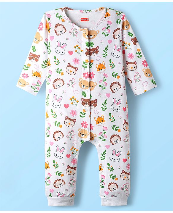 Babyhug 100% Cotton Full Sleeves Animal Printed Front Open Rompers Pack Of 2 - Multi Colour