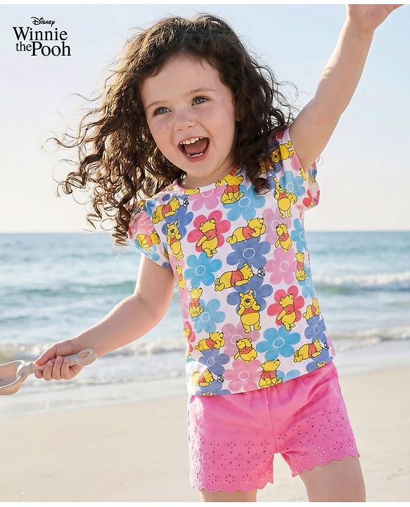 Babyhug Disney Single Jersey Knit Frill Sleeves Top and Shorts with Winnie the Pooh & Floral Print - Pink & Light Blue