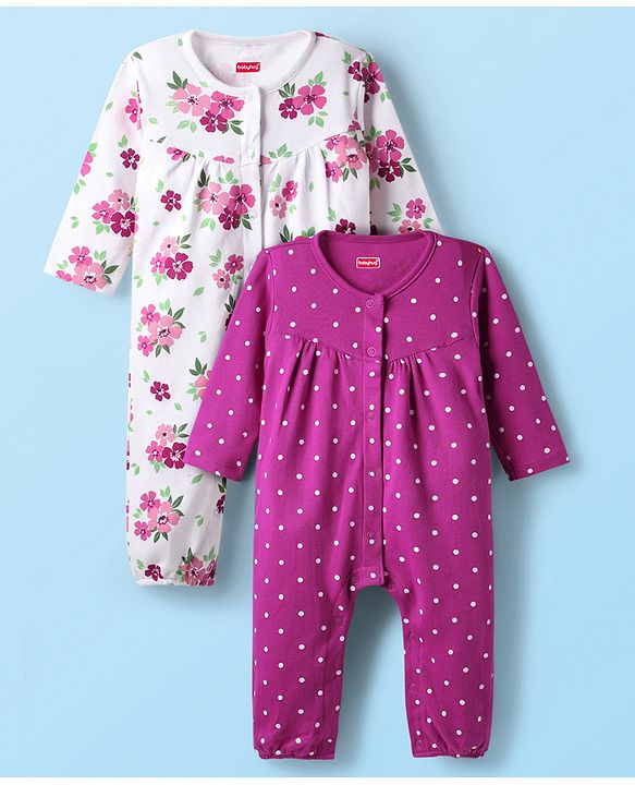 Babyhug 100% Cotton Knit Full Sleeves Rompers with Polka Dots & Floral Print Pack of 2 - Purple & White