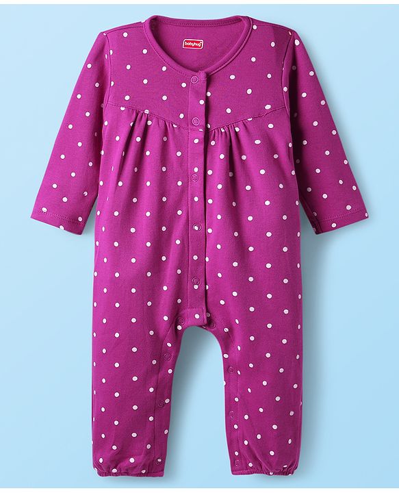 Babyhug 100% Cotton Knit Full Sleeves Rompers with Polka Dots & Floral Print Pack of 2 - Purple & White