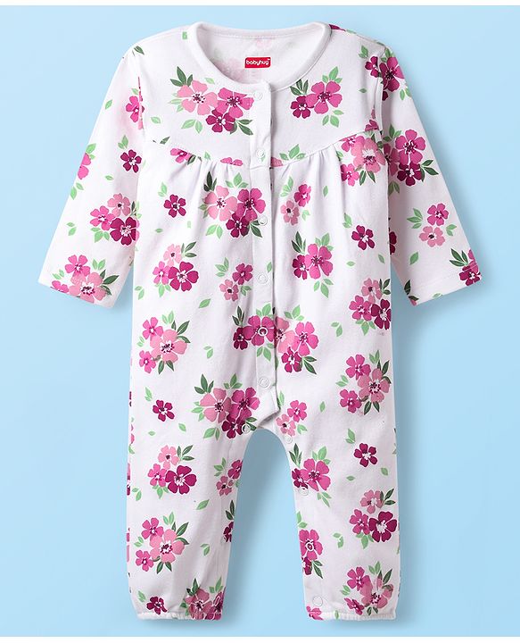 Babyhug 100% Cotton Knit Full Sleeves Rompers with Polka Dots & Floral Print Pack of 2 - Purple & White