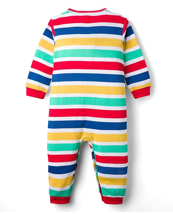 Babyhug 100% Cotton Interlock Knit Full Sleeves Romper with Stripe & Dino Print Pack of 2 - Red White Blue