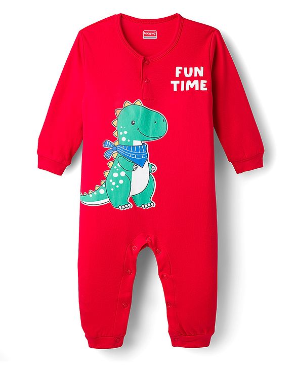 Babyhug 100% Cotton Interlock Knit Full Sleeves Romper with Stripe & Dino Print Pack of 2 - Red White Blue