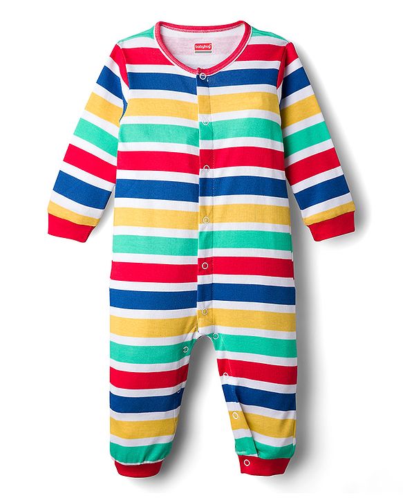 Babyhug 100% Cotton Interlock Knit Full Sleeves Romper with Stripe & Dino Print Pack of 2 - Red White Blue