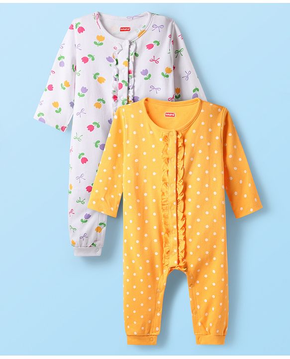 Babyhug 100% Cotton Knit Full Sleeves Rompers with Polka Dots & Floral Print Pack of 2 - Yellow & White