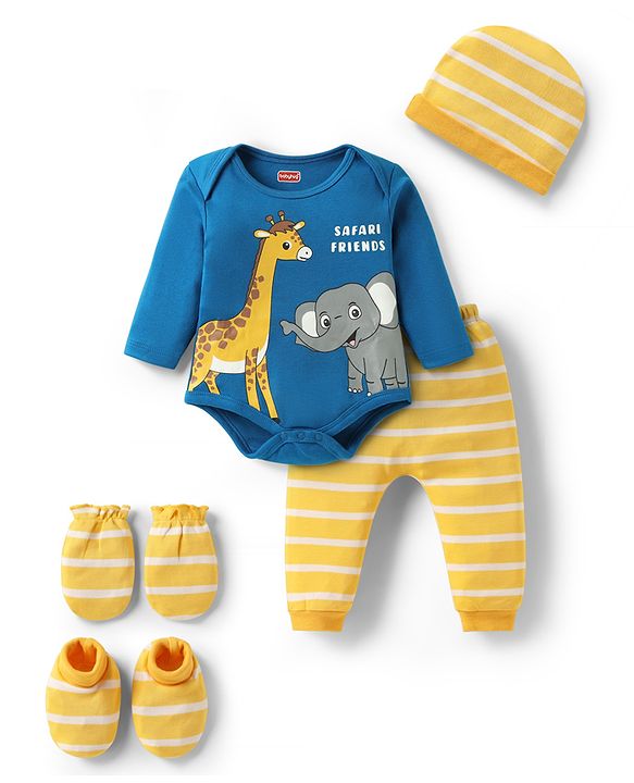 Babyhug 100% Cotton Full Sleeves Animal Printed Onesies With Striped Leggings Cap Mittens & Booties Set -