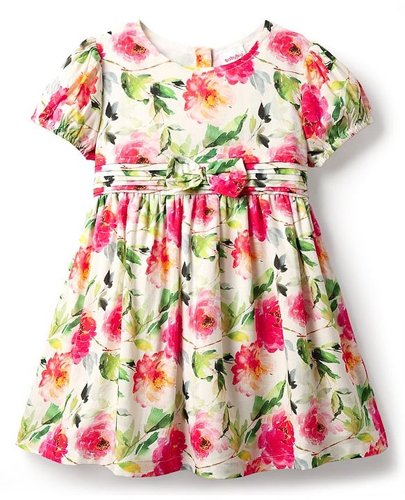 Babyhug Cotton Woven Half Sleeves Frock With Floral Print & Bow Applique - Pink