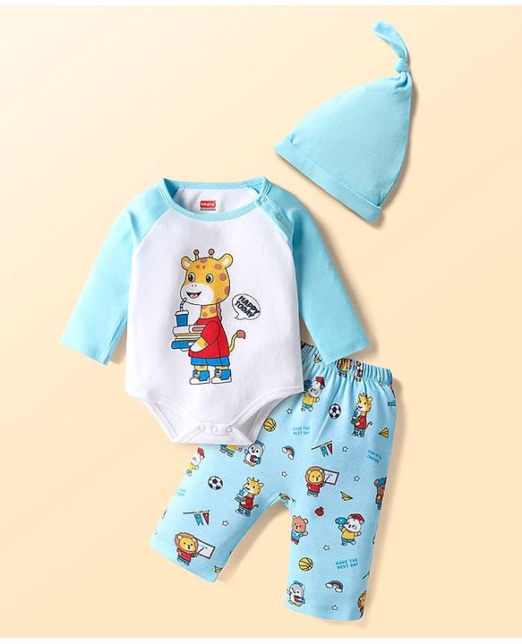 Babyhug 100% Cotton Knit Full Raglan Sleeves Onesies with Leggings & Cap With Teddy Print - Light Blue & White