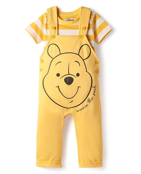 Babyhug Disney Cotton Knit Half Sleeves Striped Tee & Dungaree With Winnie The Pooh Graphics - Yellow