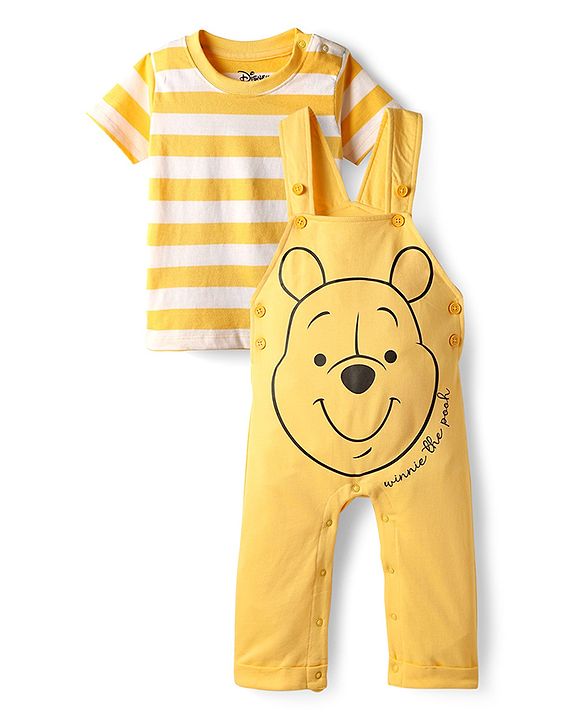 Babyhug Disney Cotton Knit Half Sleeves Striped Tee & Dungaree With Winnie The Pooh Graphics - Yellow