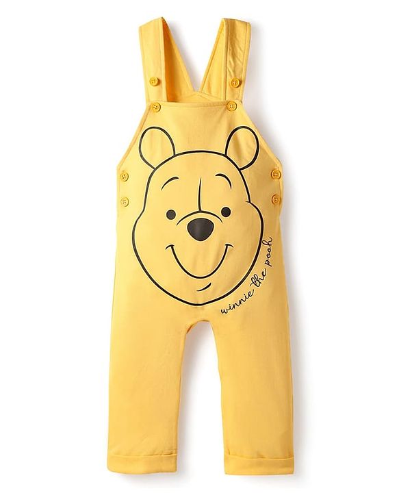 Babyhug Disney Cotton Knit Half Sleeves Striped Tee & Dungaree With Winnie The Pooh Graphics - Yellow
