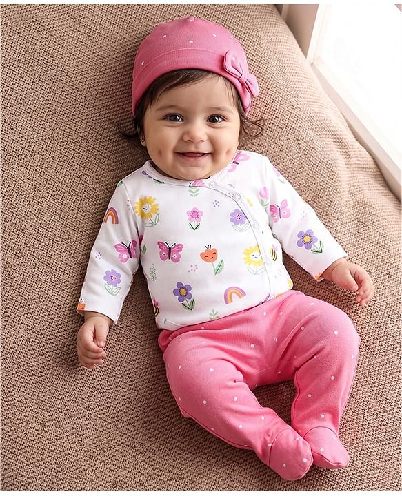 Babyhug 100% Cotton Knit Full Sleeves Onesies with Bootie Leggings & Cap With Floral & Butterfly Print - Pink