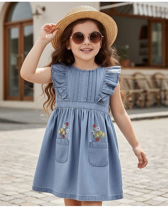 Babyhug Cotton Woven Frill Sleeves Frock With Pocket & Floral Embroidery - Blue