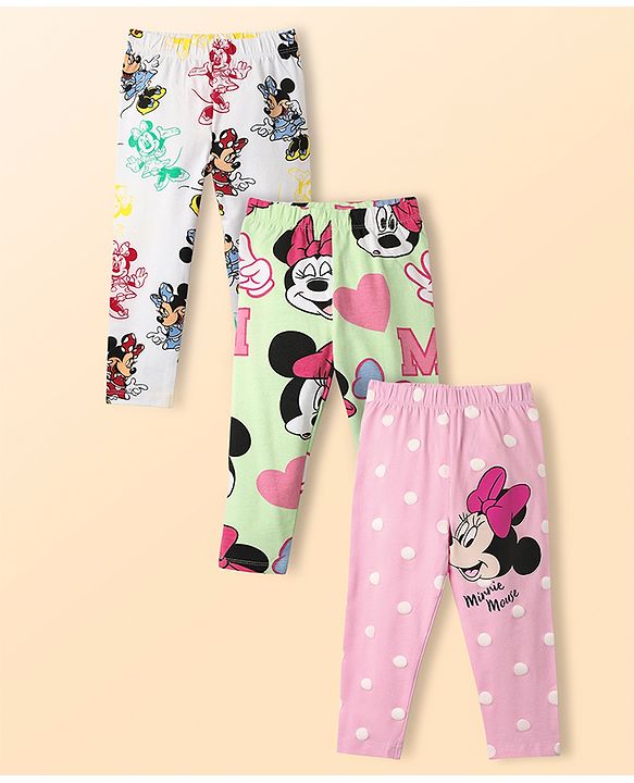 Babyhug Disney Cotton Lycra Knit Full Length Leggings with Minnie Mouse Graphics Pack of 3 - Pink Light Green & White