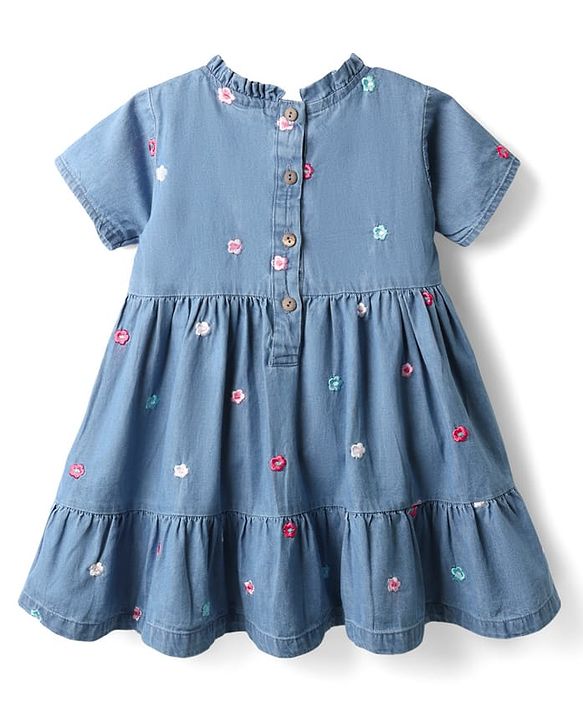 Babyhug 100% Cotton Half Sleeves Floral Embroidered Tiered Frock With Frill Detailing - Blue