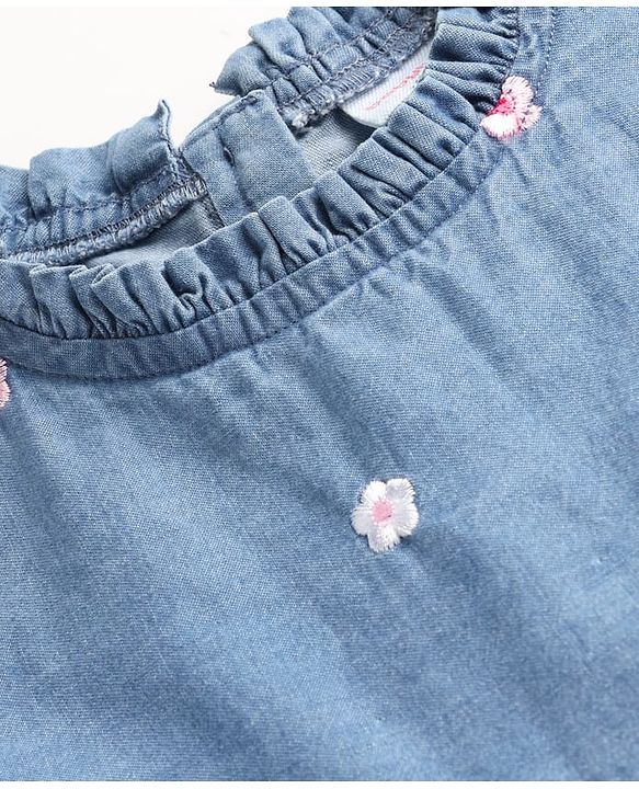 Babyhug 100% Cotton Half Sleeves Floral Embroidered Tiered Frock With Frill Detailing - Blue