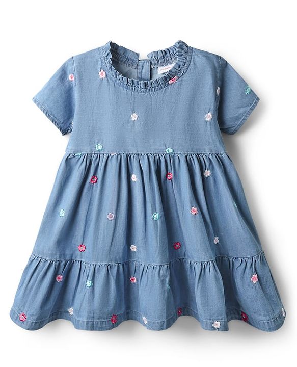Babyhug 100% Cotton Half Sleeves Floral Embroidered Tiered Frock With Frill Detailing - Blue