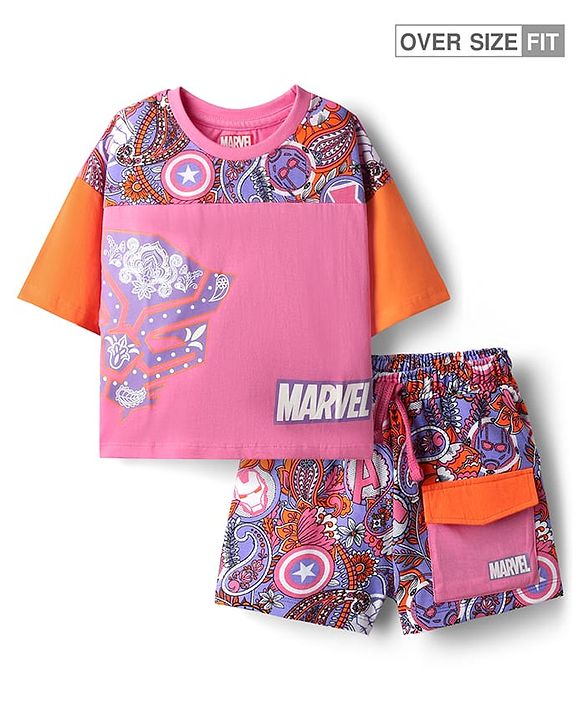 Pine Kids Marvel 100% Cotton Oversized Drop Shoulder Half Sleeve Crop T-Shirt & Shorts With Avengers Graphics - Multicolor