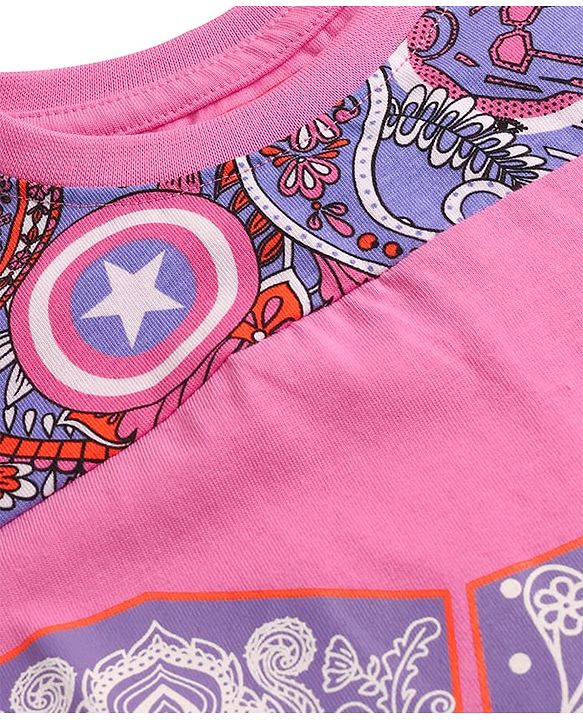 Pine Kids Marvel 100% Cotton Oversized Drop Shoulder Half Sleeve Crop T-Shirt & Shorts With Avengers Graphics - Multicolor