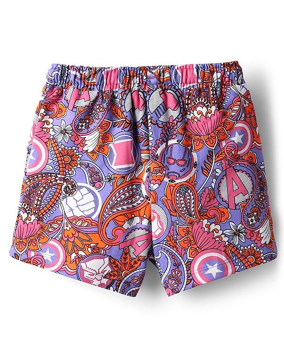 Pine Kids Marvel 100% Cotton Oversized Drop Shoulder Half Sleeve Crop T-Shirt & Shorts With Avengers Graphics - Multicolor