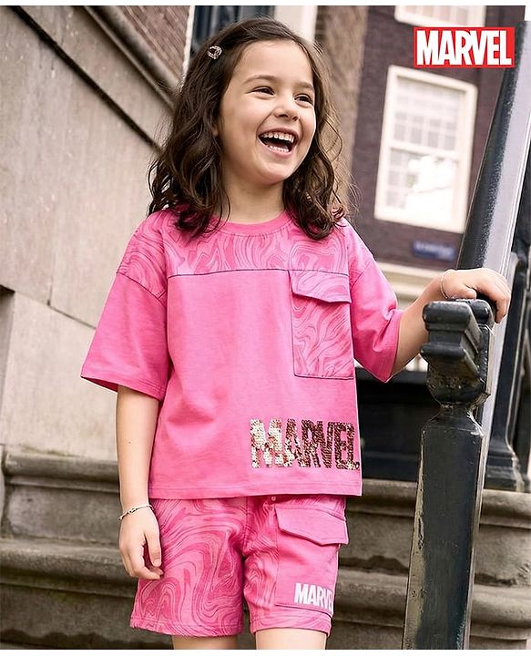 Pine Kids Marvel Single Jersey Knit Half Drop Shoulder Sleeves Oversized Crop T-Shirt & Shorts Set with Avengers Graphics & Reversible Sequin - Pink