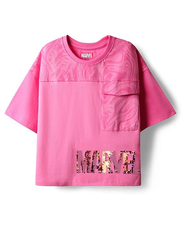 Pine Kids Marvel Single Jersey Knit Half Drop Shoulder Sleeves Oversized Crop T-Shirt & Shorts Set with Avengers Graphics & Reversible Sequin - Pink