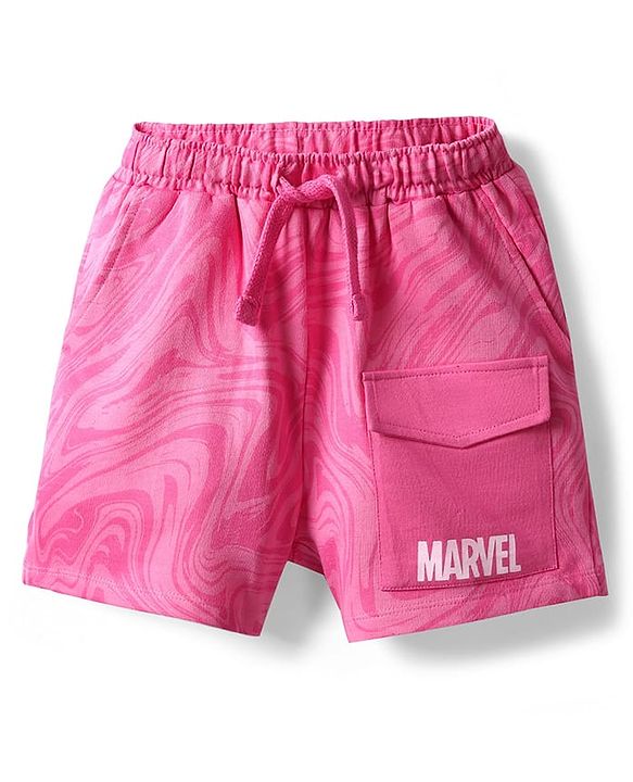 Pine Kids Marvel Single Jersey Knit Half Drop Shoulder Sleeves Oversized Crop T-Shirt & Shorts Set with Avengers Graphics & Reversible Sequin - Pink