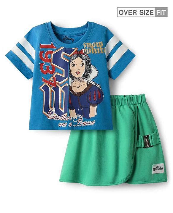 Pine Kids Disney Single Jersey Knit Oversized Half Sleeves Crop Top and Skirt with Disney Princess Graphics - Blue & Green