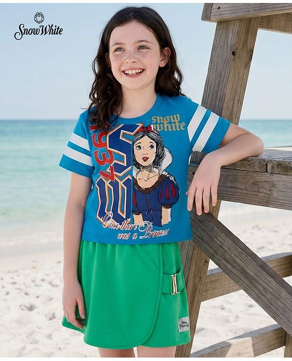 Pine Kids Disney Single Jersey Knit Oversized Half Sleeves Crop Top and Skirt with Disney Princess Graphics - Blue & Green