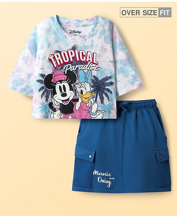 Pine Kids Disney 100% Cotton Oversize Drop Shoulder Half Sleeve Crop Top & Skirt With Disney Princess Graphics - Blue