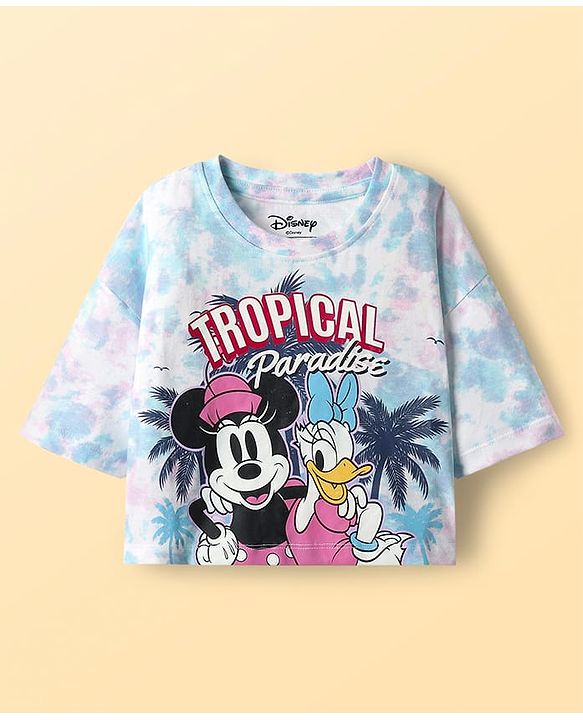 Pine Kids Disney 100% Cotton Oversize Drop Shoulder Half Sleeve Crop Top & Skirt With Disney Princess Graphics - Blue