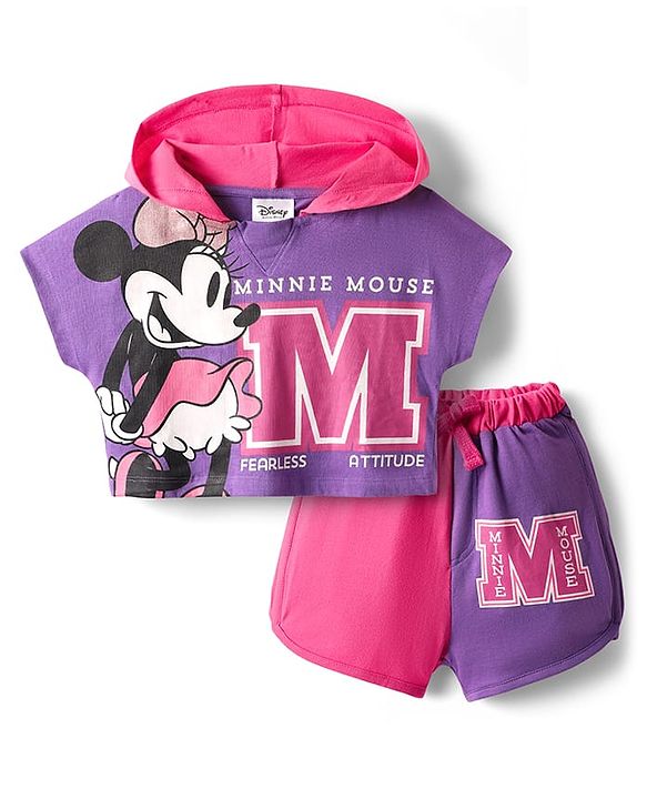 Pine Kids Disney 100% Cotton Oversize Drop Shoulder Half Sleeve Hooded T-Shirt & Shorts With Mickey Mouse Graphics - Multicolor