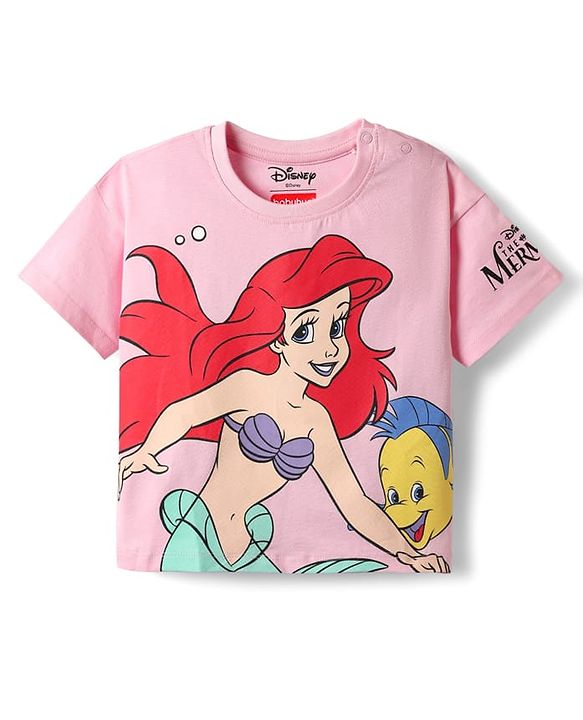Babyhug Disney Single Jersey Knit Half Drop Shoulder Sleeves Top & Skirt Set With Disney Princess Graphics - Pink