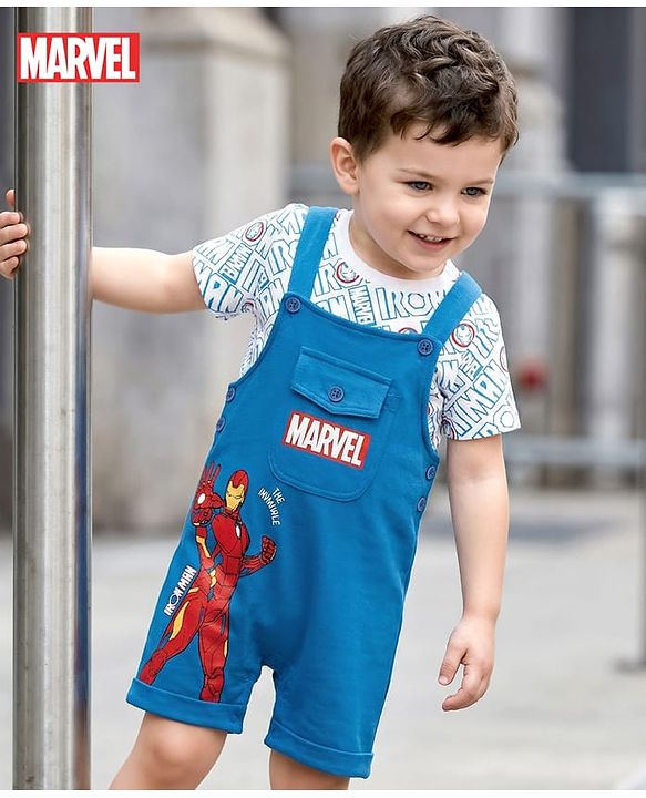 Babyhug Marvel Single Jersey Knit Dungaree with Half Sleeves Inner Tee Iron Man Graphics - Blue