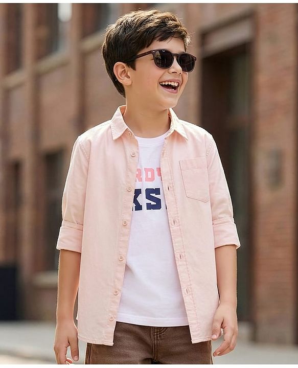 Pine Kids 100% Cotton Full Sleeves Solid Coloured Shirt With Inner T-Shirt - Peach