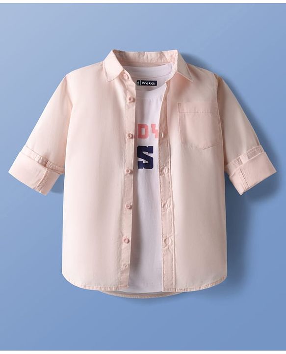 Pine Kids 100% Cotton Full Sleeves Solid Coloured Shirt With Inner T-Shirt - Peach