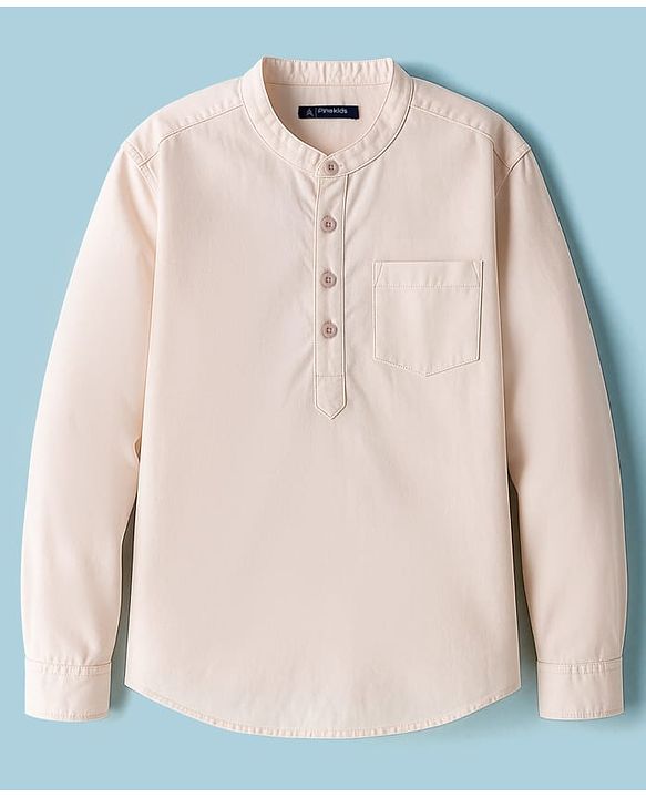 Pine Kids Cotton Woven Full Sleeves Solid Kurta Styled Shirt - Peach
