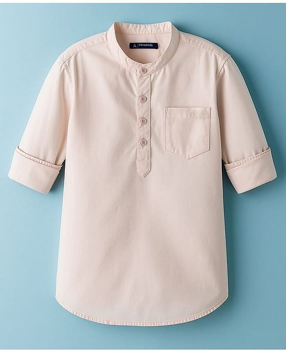 Pine Kids Cotton Woven Full Sleeves Solid Kurta Styled Shirt - Peach