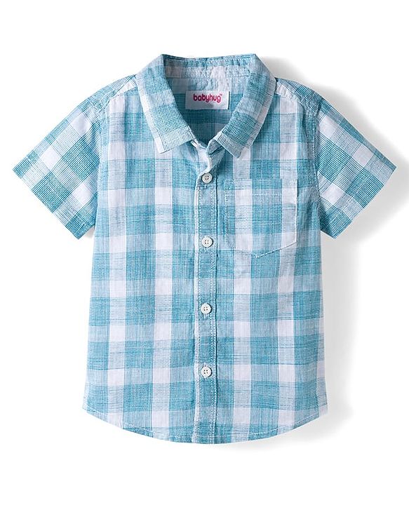 Babyhug Cotton Knit Half Sleeves Shirt and Shorts Sets with Checks - Light Blue & Grey