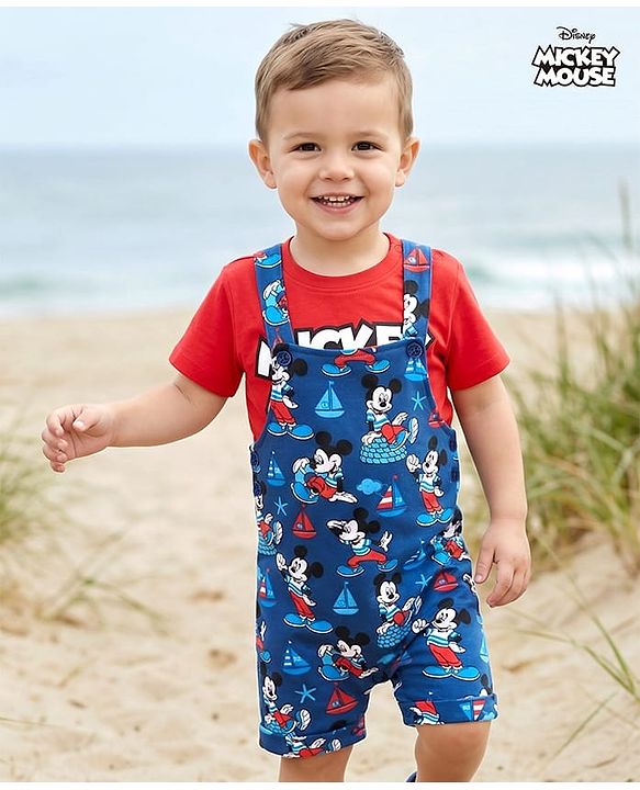 Babyhug Disney Single Jersey Knit Dungaree with Half Sleeves Inner Tee & Mickey Mouse Graphics - Navy Blue & Red
