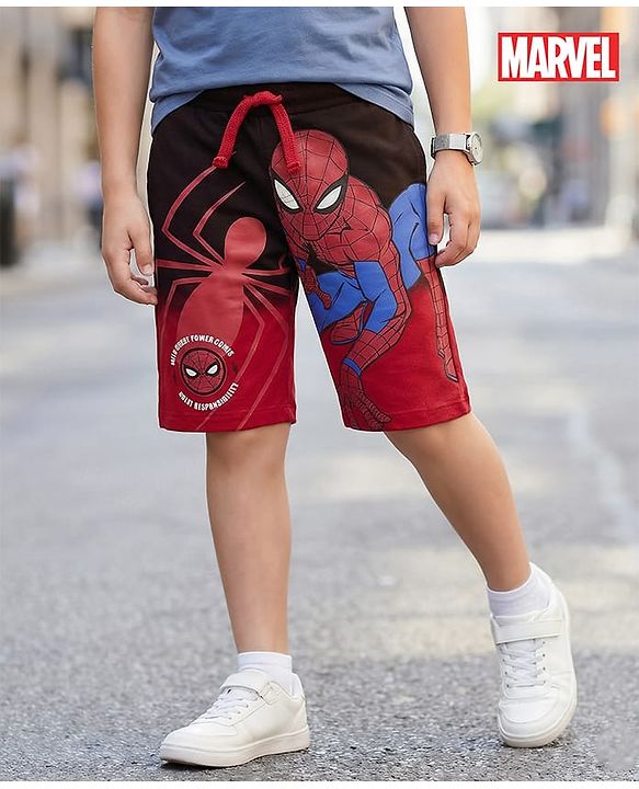Pine Kids Marvel 100% Cotton Above Knee Length Shorts With Spiderman Graphics - Red