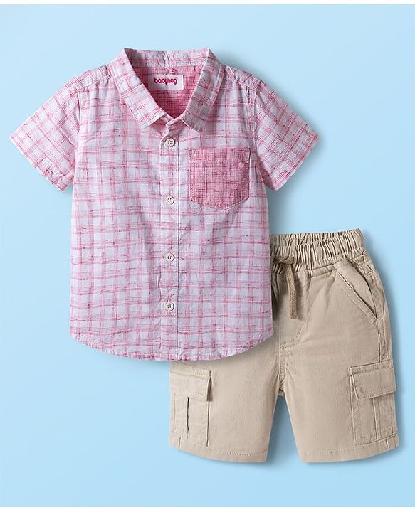 Babyhug Cotton Woven Half Sleeves Checked Shirt & Shorts Set - Pink & Beige