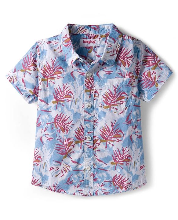 Babyhug Cotton Woven Half Sleeves Tropical Theme Printed Shirt & Denim Shorts Set - White & Blue