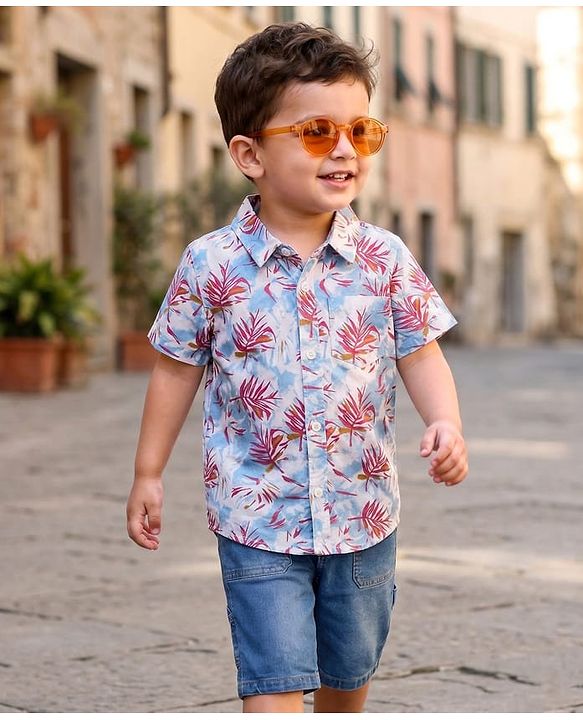Babyhug Cotton Woven Half Sleeves Tropical Theme Printed Shirt & Denim Shorts Set - White & Blue