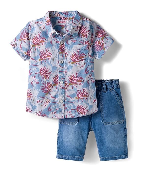 Babyhug Cotton Woven Half Sleeves Tropical Theme Printed Shirt & Denim Shorts Set - White & Blue