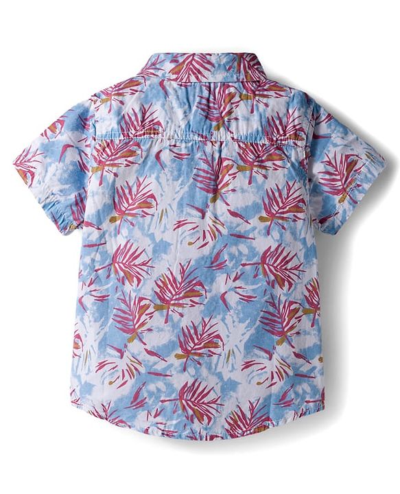 Babyhug Cotton Woven Half Sleeves Tropical Theme Printed Shirt & Denim Shorts Set - White & Blue