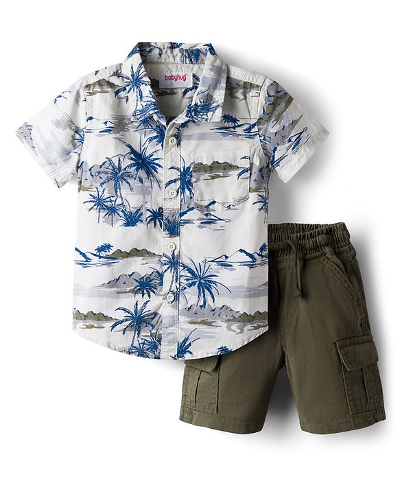 Babyhug Cotton Woven Half Sleeves Shirt & Shorts Set With Tropical Theme Print - White & Green