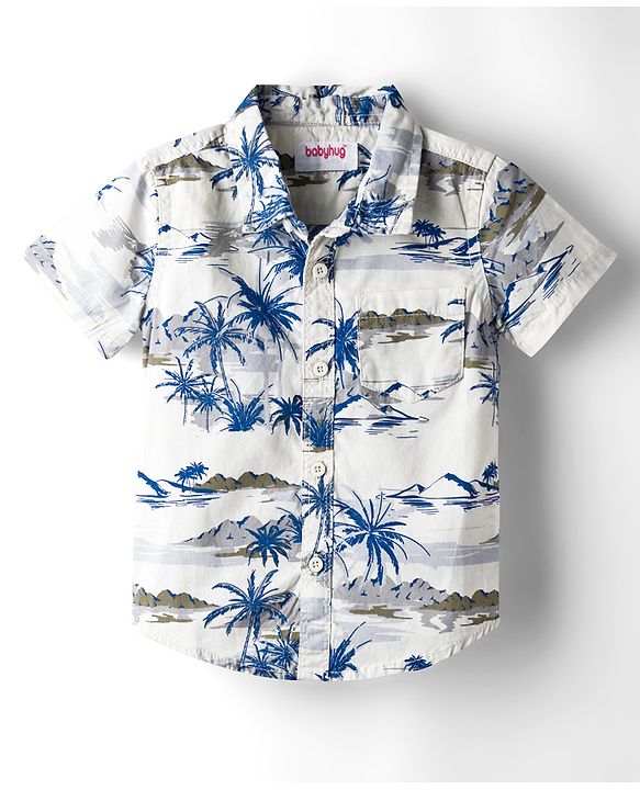 Babyhug Cotton Woven Half Sleeves Shirt & Shorts Set With Tropical Theme Print - White & Green