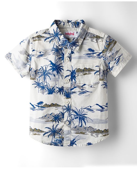 Babyhug Cotton Woven Half Sleeves Shirt & Shorts Set With Tropical Theme Print - White & Green