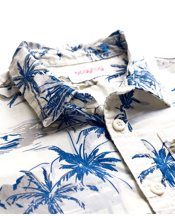 Babyhug Cotton Woven Half Sleeves Shirt & Shorts Set With Tropical Theme Print - White & Green